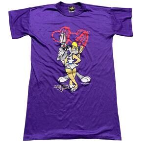 Vintage 90s Space Jam Movie Bugs Lola Bunny Hearts Warner Bros Purple Tee Small